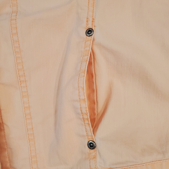 Chico's Womens Peach Long Sleeve Denim Jacket With Silver Logo Buttons Size 0 - Picture 11 of 11